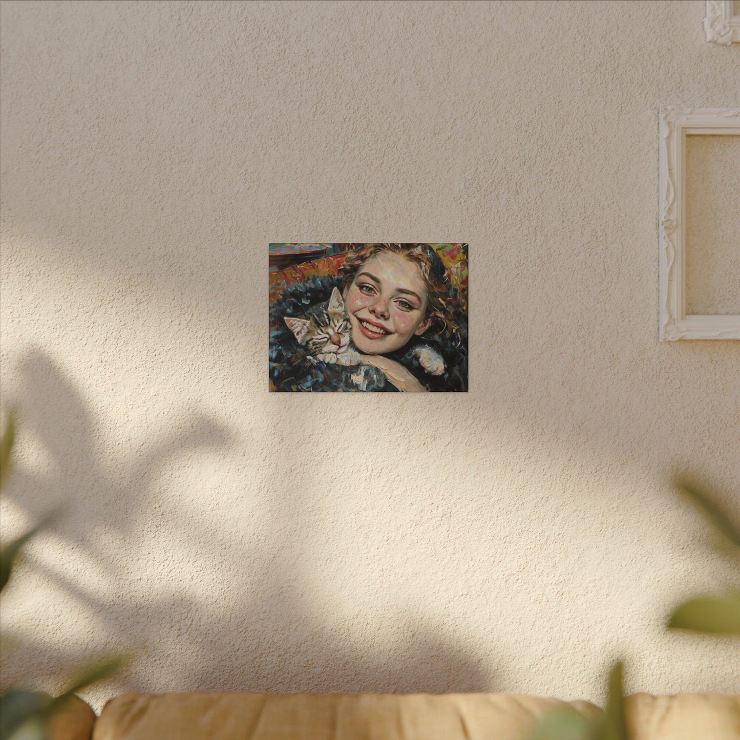 Framed Canvas Art Print of Joyful Girl with Cat, Home Decor, Cat Lover Gift, Animal Artwork, Wall Art for Living Room