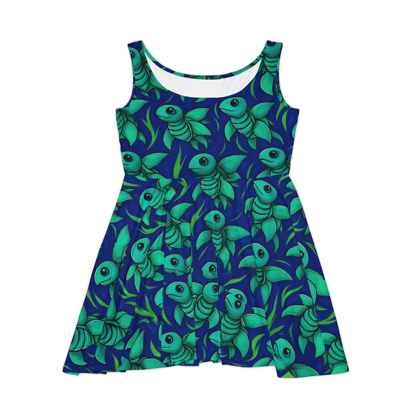 Whimsical Sea Turtle Print Skater Dress, Fun Summer Dress for Women, Party Outfit, Beachwear, Festival Clothing, Casual Dress