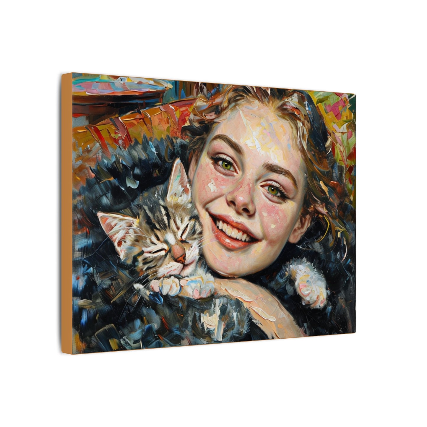 Framed Canvas Art Print of Joyful Girl with Cat, Home Decor, Cat Lover Gift, Animal Artwork, Wall Art for Living Room