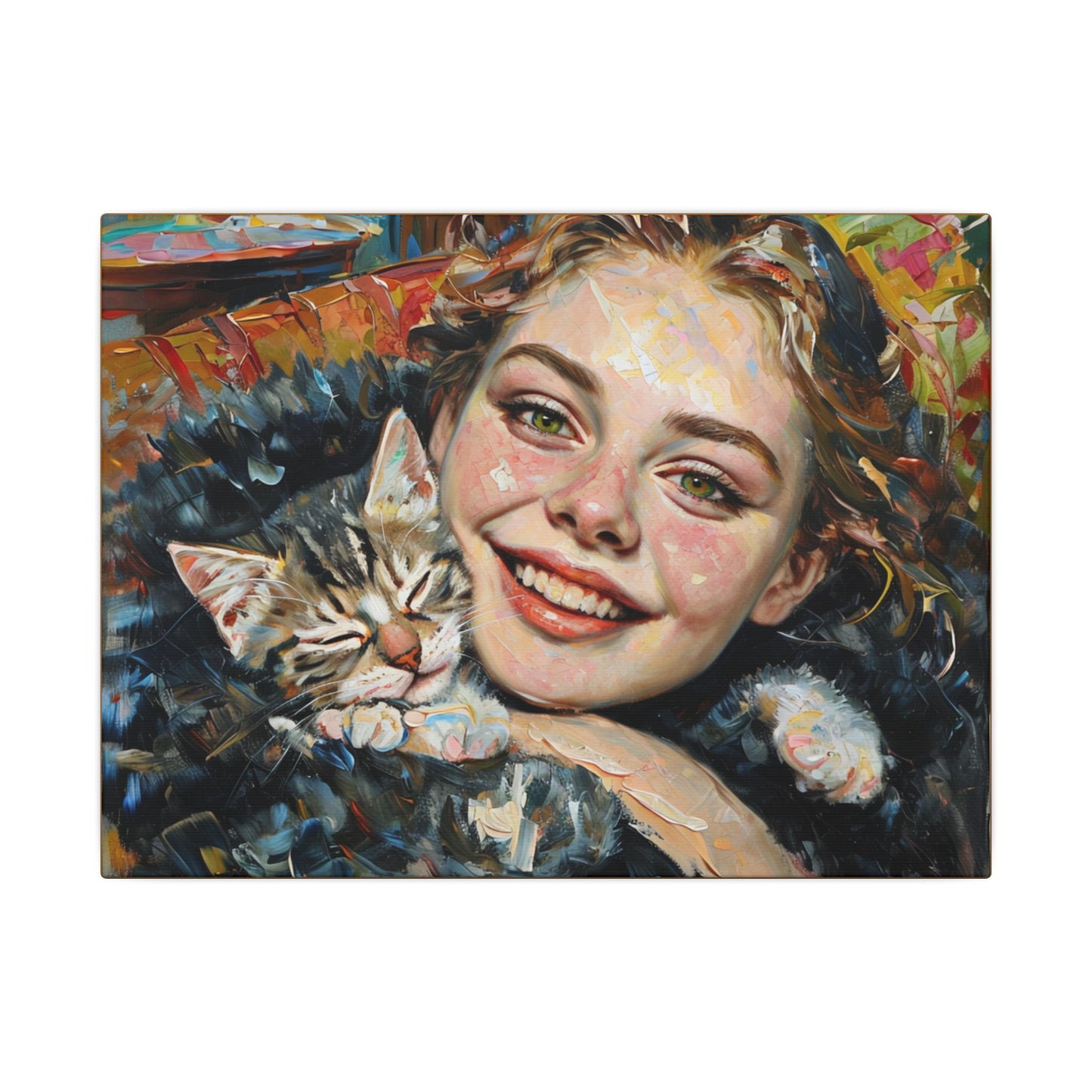 Framed Canvas Art Print of Joyful Girl with Cat, Home Decor, Cat Lover Gift, Animal Artwork, Wall Art for Living Room