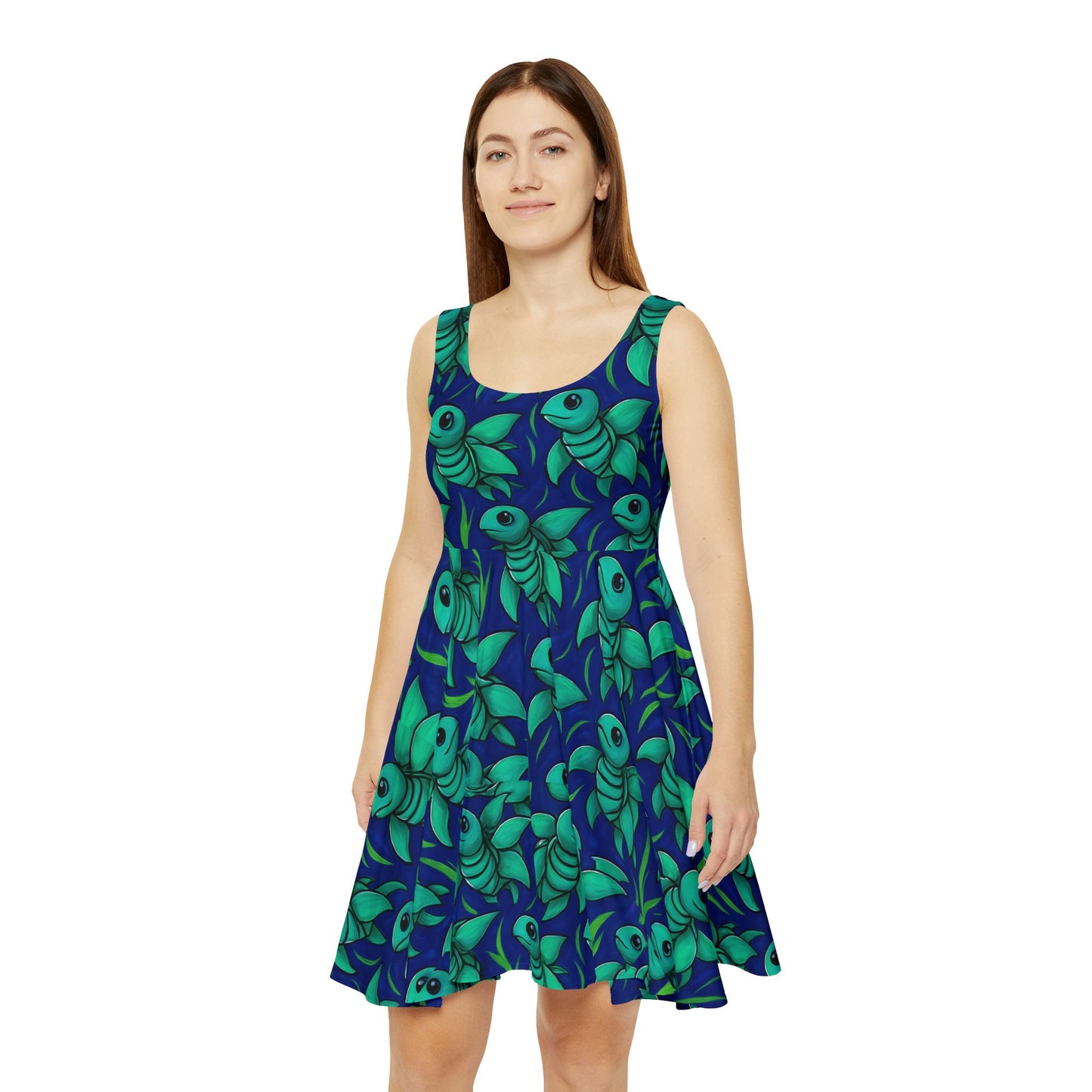 Whimsical Sea Turtle Print Skater Dress, Fun Summer Dress for Women, Party Outfit, Beachwear, Festival Clothing, Casual Dress