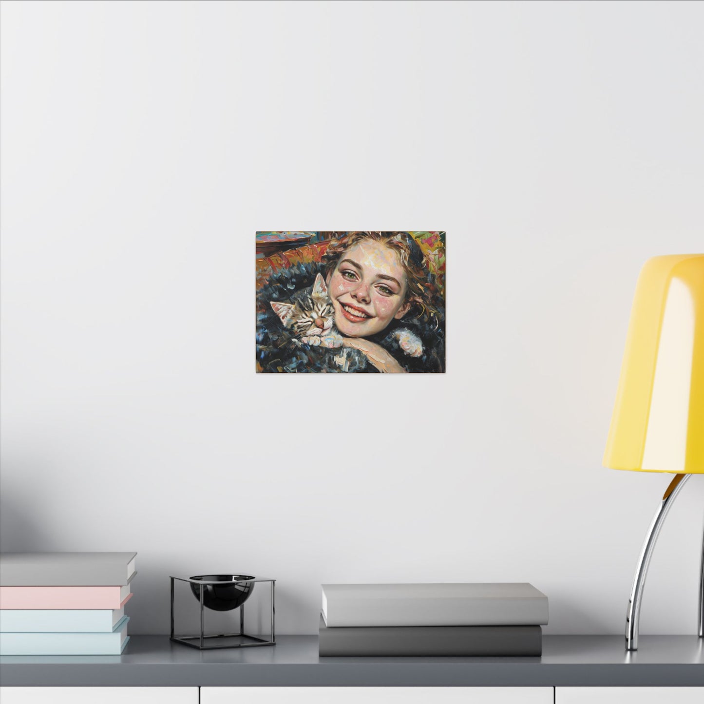 Framed Canvas Art Print of Joyful Girl with Cat, Home Decor, Cat Lover Gift, Animal Artwork, Wall Art for Living Room