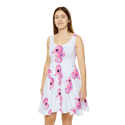 Seahorse Print Women's Skater Dress, Cute Summer Dress, Beach Party Outfit, Vacation Dress, Gift for Her