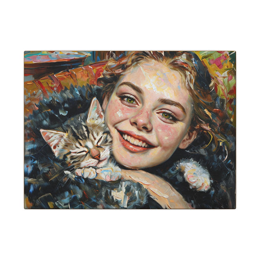 Framed Canvas Art Print of Joyful Girl with Cat, Home Decor, Cat Lover Gift, Animal Artwork, Wall Art for Living Room