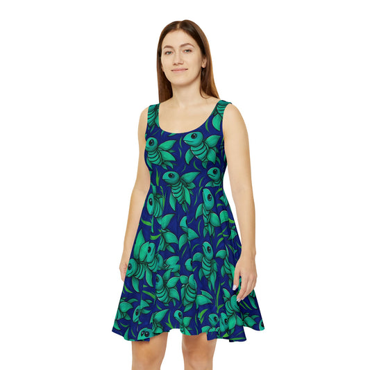 Whimsical Sea Turtle Print Skater Dress, Fun Summer Dress for Women, Party Outfit, Beachwear, Festival Clothing, Casual Dress