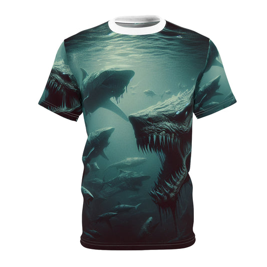 Fierce Ocean Predator Unisex Tee, Graphic T-Shirt, AOP Shirt, Sea Creature Apparel, Unique Gift for Ocean Lovers, Perfect for Summer