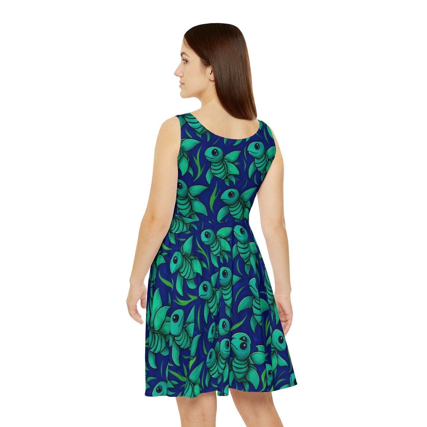 Whimsical Sea Turtle Print Skater Dress, Fun Summer Dress for Women, Party Outfit, Beachwear, Festival Clothing, Casual Dress